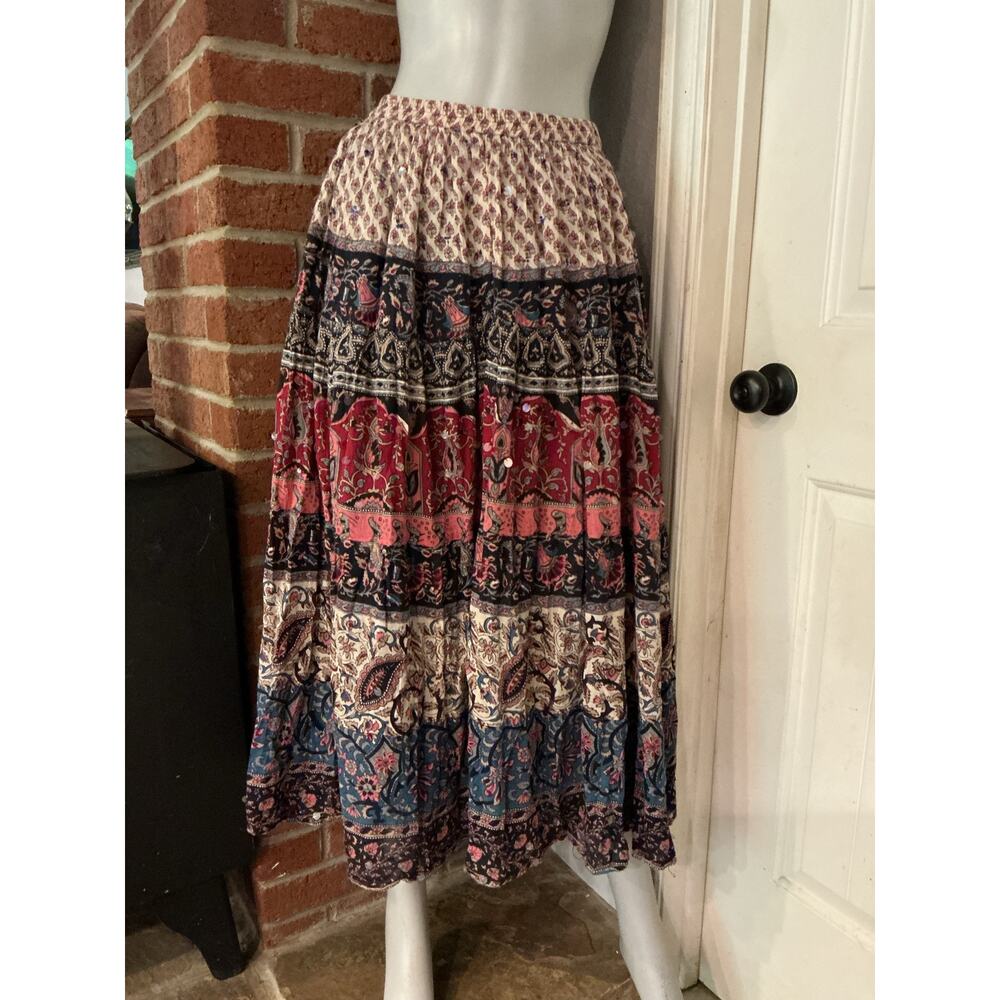 Boho Patchwork Print Tiered Maxi Skirt Festival Cottagecore Prairie M L